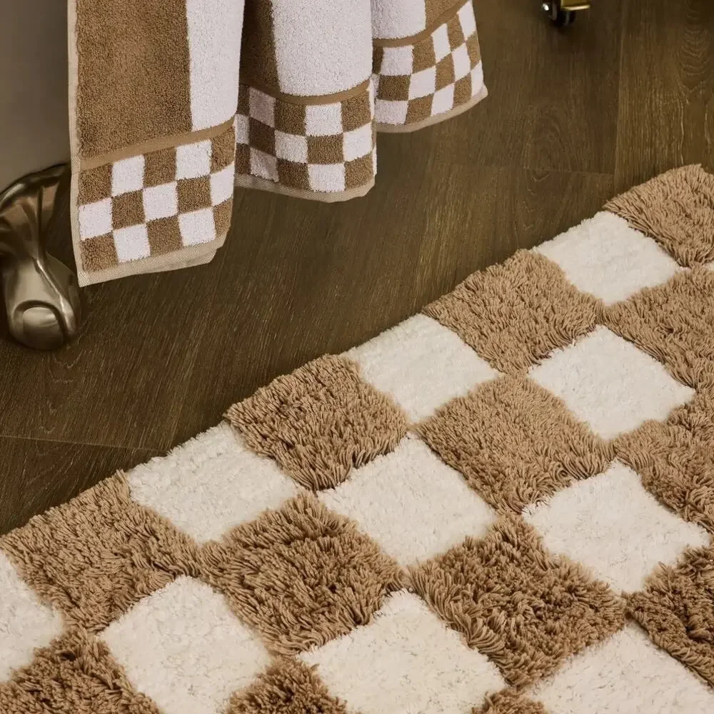 NEW Mackenzie-Childs Checkerboard Taupe Bath Rug 24x40 Cotton